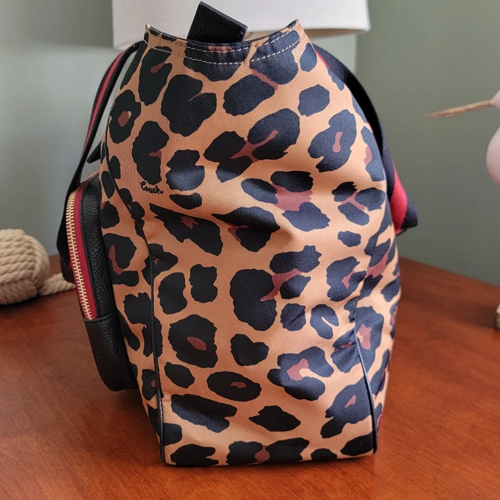 Coach C5668 Court Leopard Print Nylon Tote Pebbled Leather Black Tan Bag